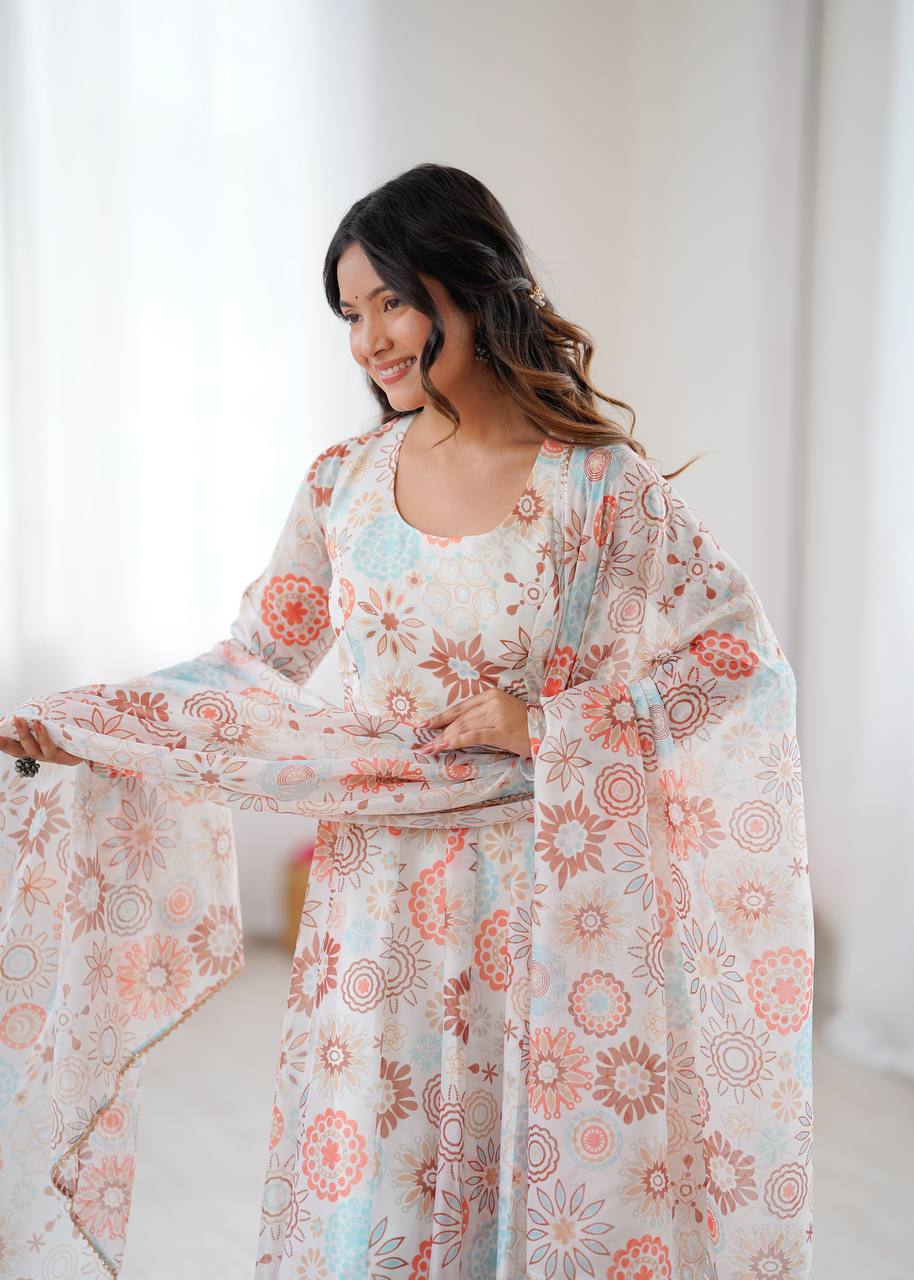 Sunkissed Floral Print Anarkali Suit with Dupatta & Pants – Pure Organza