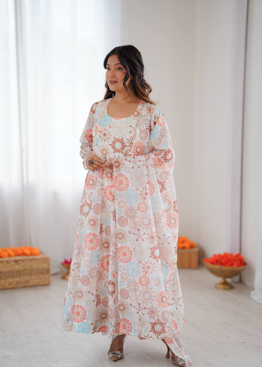 Sunkissed Floral Print Anarkali Suit with Dupatta & Pants – Pure Organza