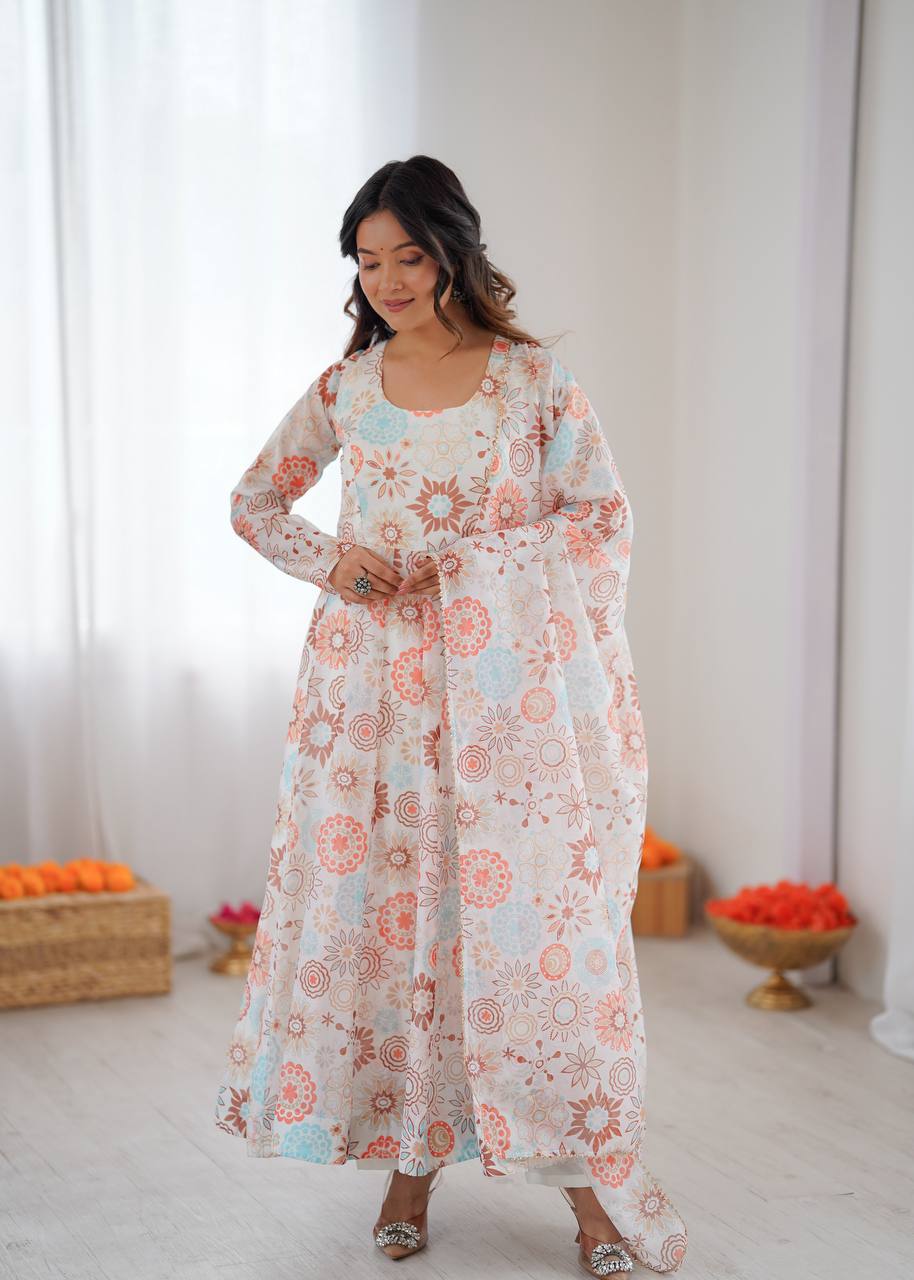 Sunkissed Floral Print Anarkali Suit with Dupatta & Pants – Pure Organza