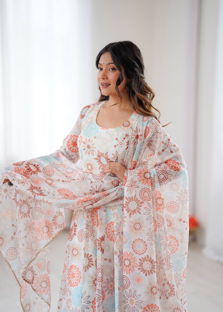 Sunkissed Floral Print Anarkali Suit with Dupatta & Pants – Pure Organza