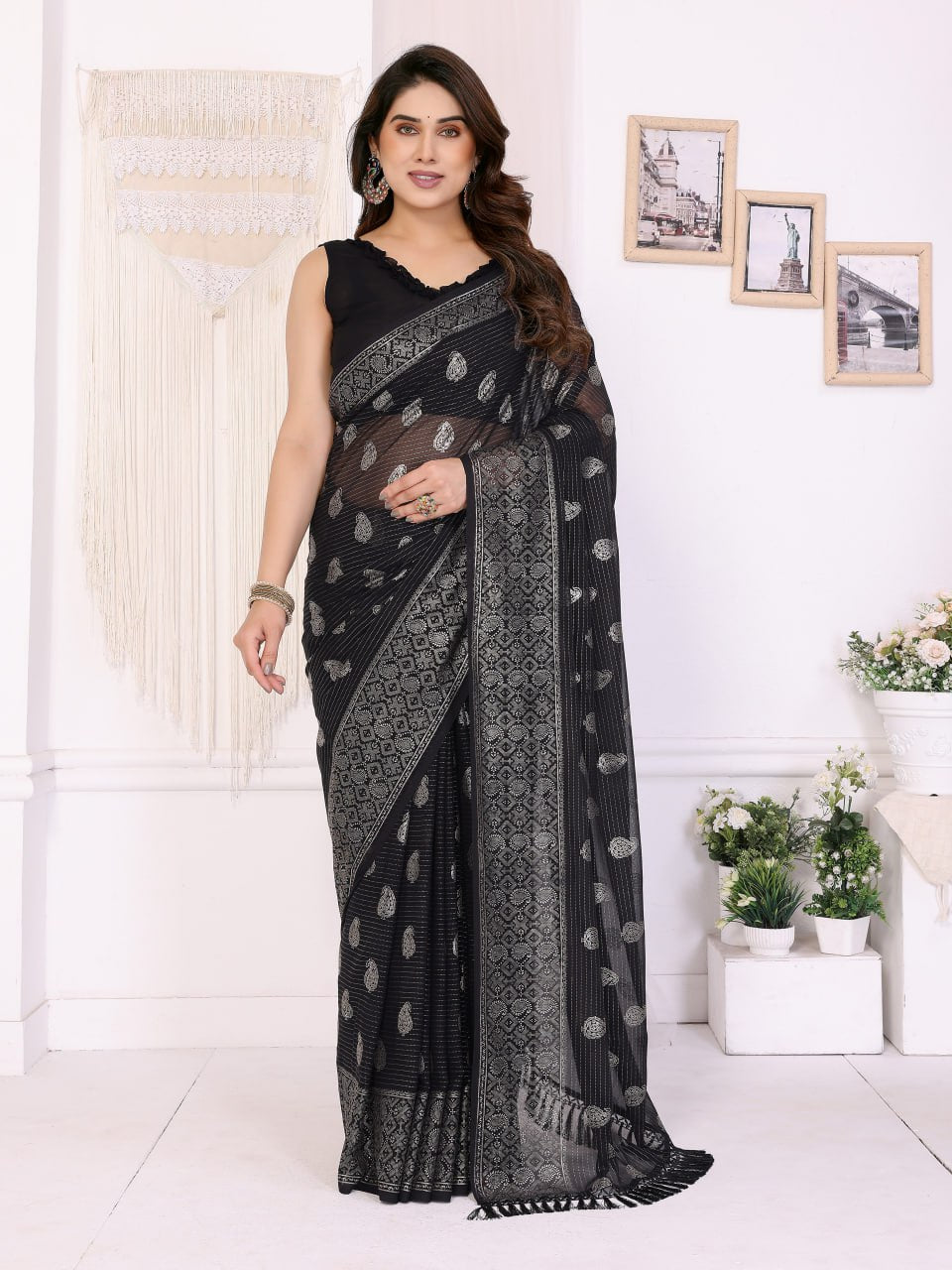 Elegant Georgette Saree with Detailed Silver Foil Print