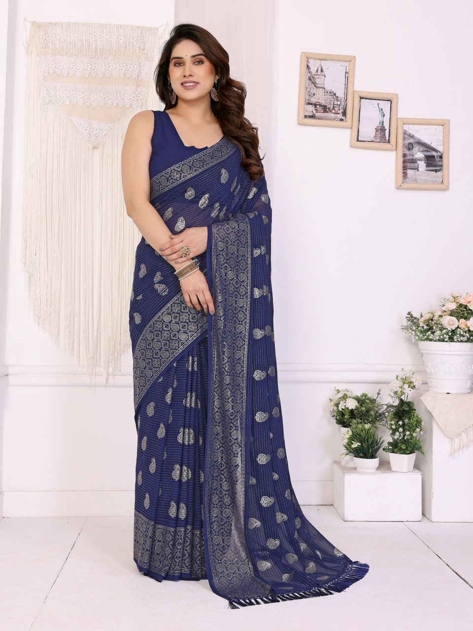 Elegant Georgette Saree with Detailed Silver Foil Print