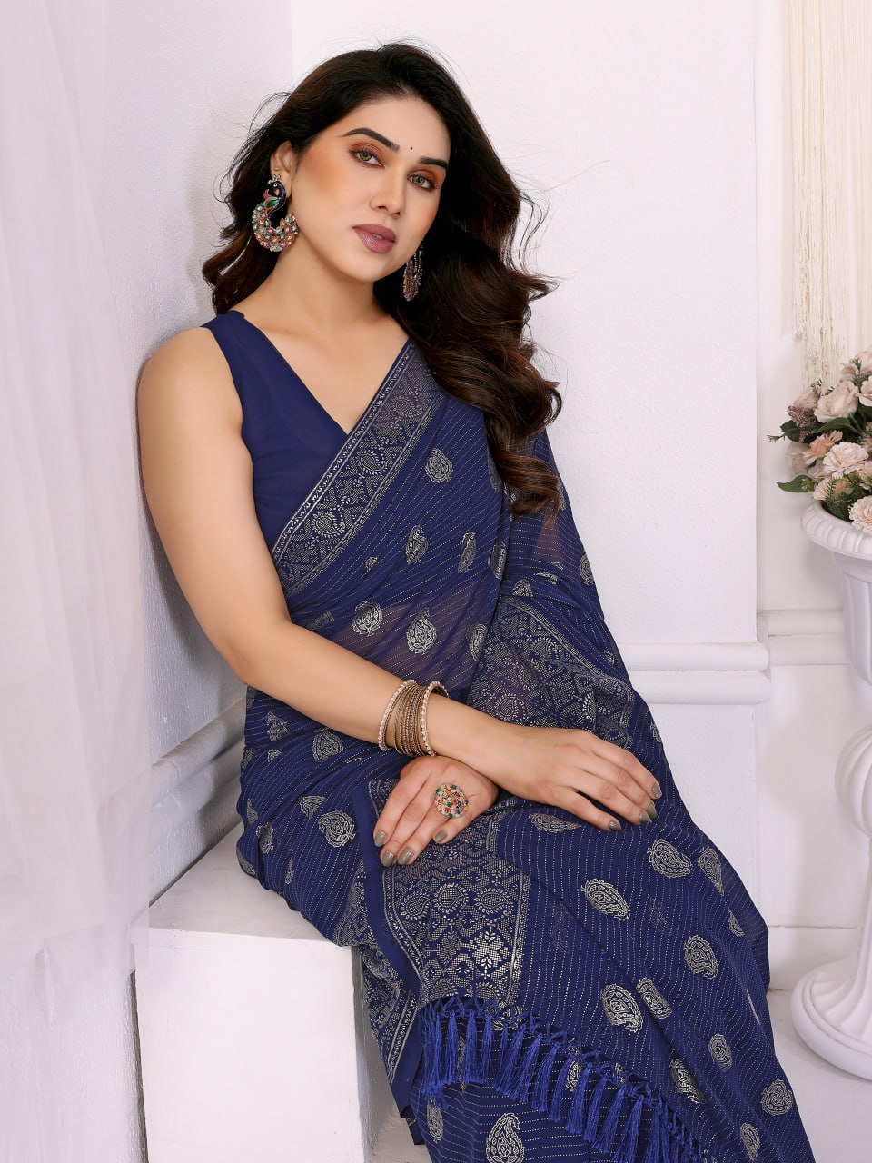 Elegant Georgette Saree with Detailed Silver Foil Print