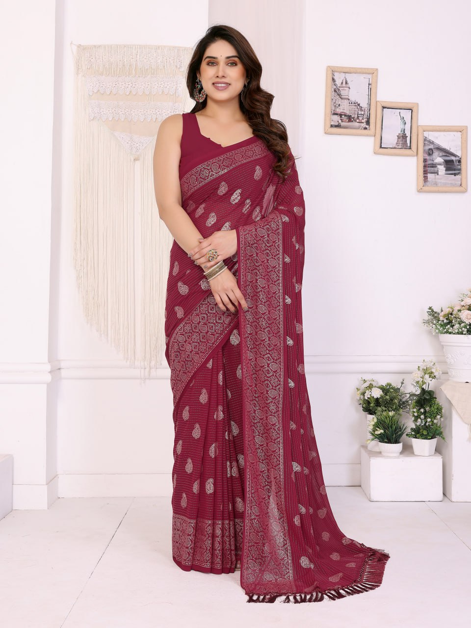 Elegant Georgette Saree with Detailed Silver Foil Print