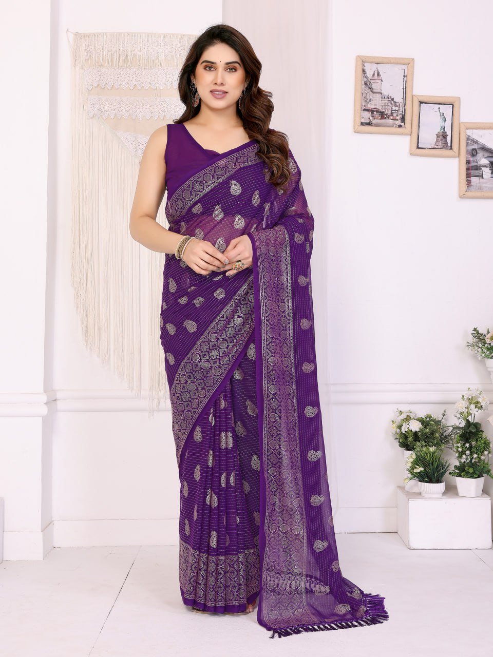 Elegant Georgette Saree with Detailed Silver Foil Print