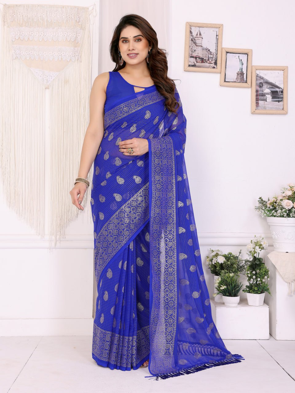 Elegant Georgette Saree with Detailed Silver Foil Print