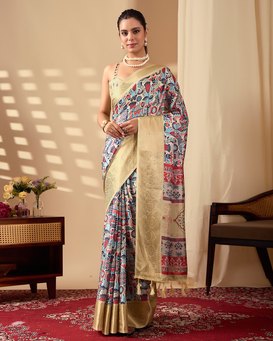 Luxurious Soft Lichi Silk Saree with Artistic Multicolor Digital Weaving