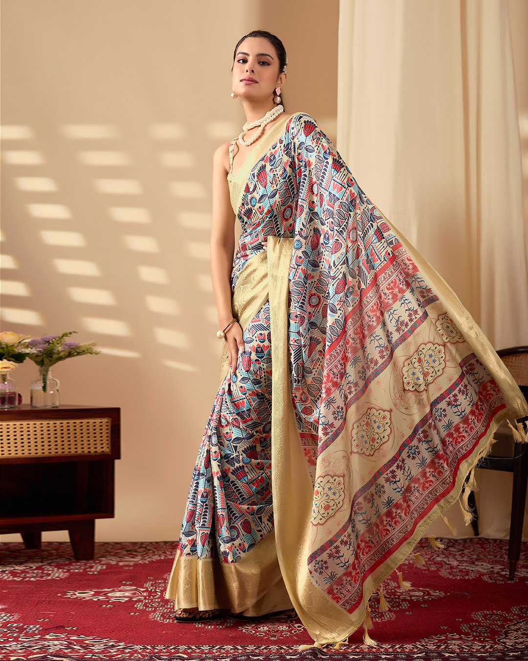 Luxurious Soft Lichi Silk Saree with Artistic Multicolor Digital Weaving