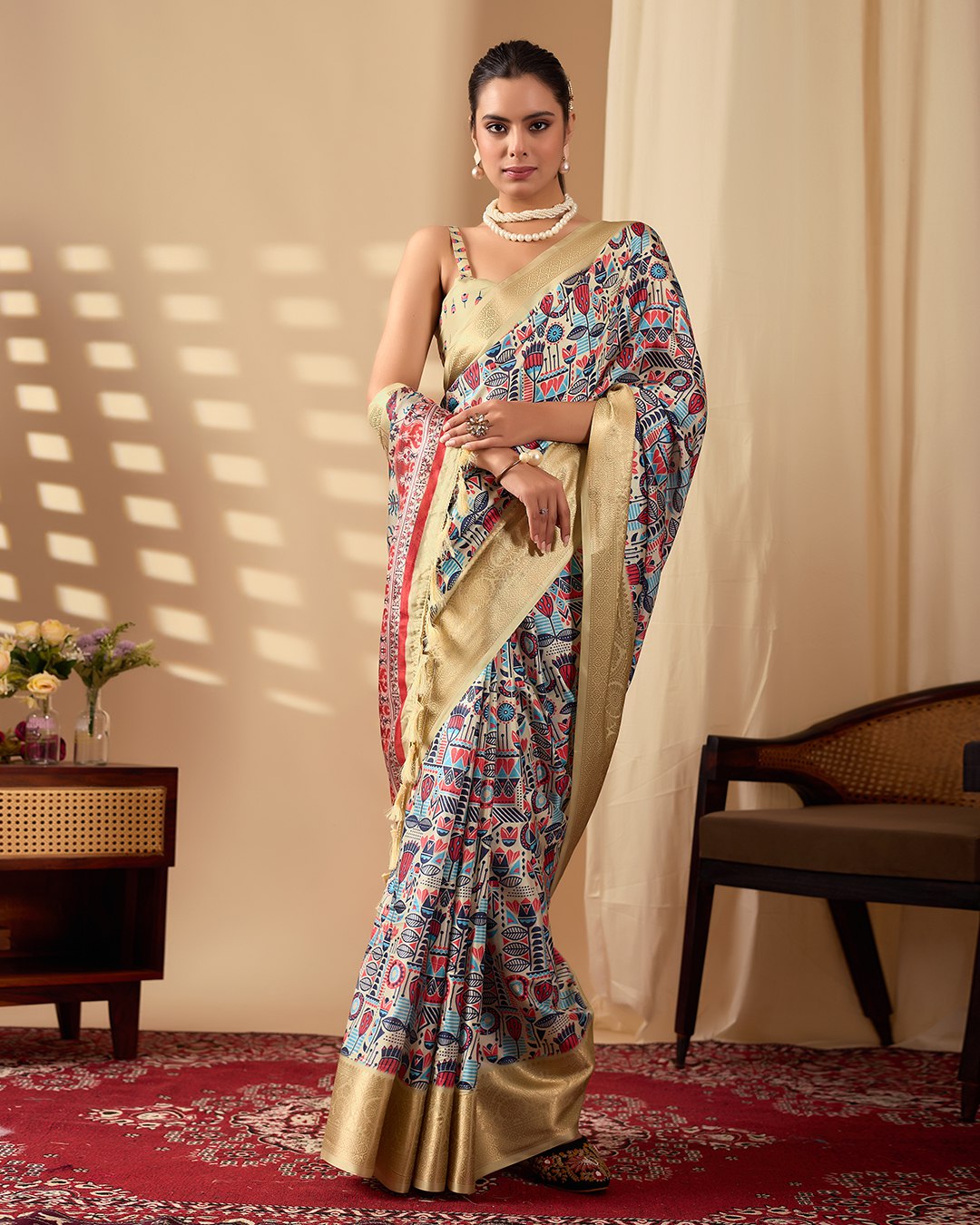 Luxurious Soft Lichi Silk Saree with Artistic Multicolor Digital Weaving