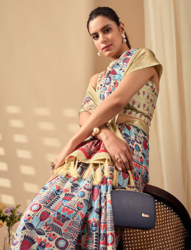 Luxurious Soft Lichi Silk Saree with Artistic Multicolor Digital Weaving