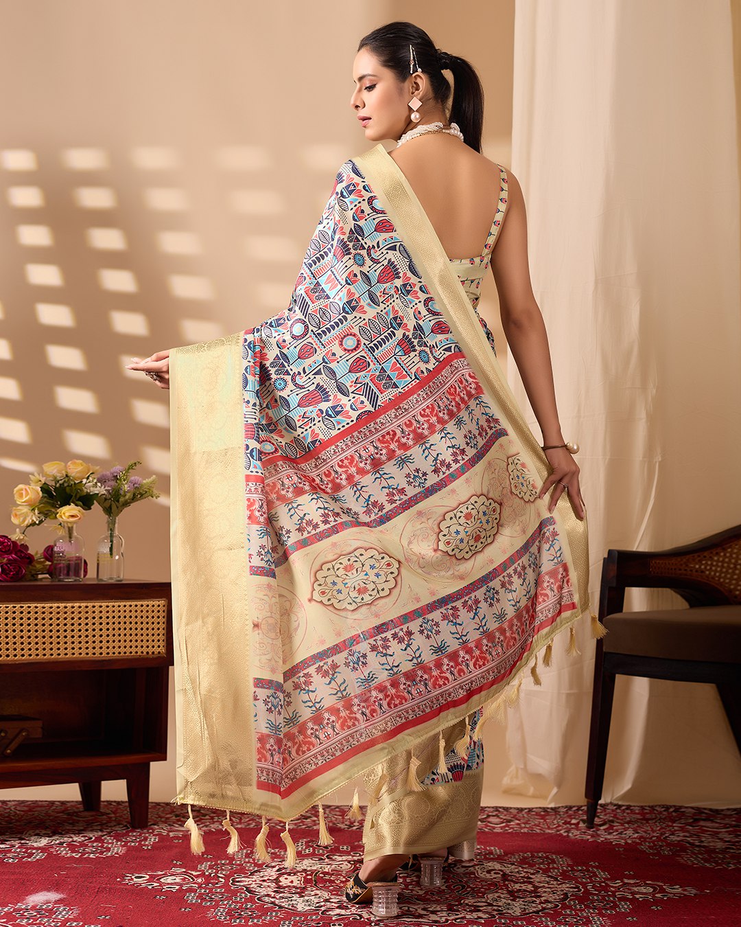Luxurious Soft Lichi Silk Saree with Artistic Multicolor Digital Weaving