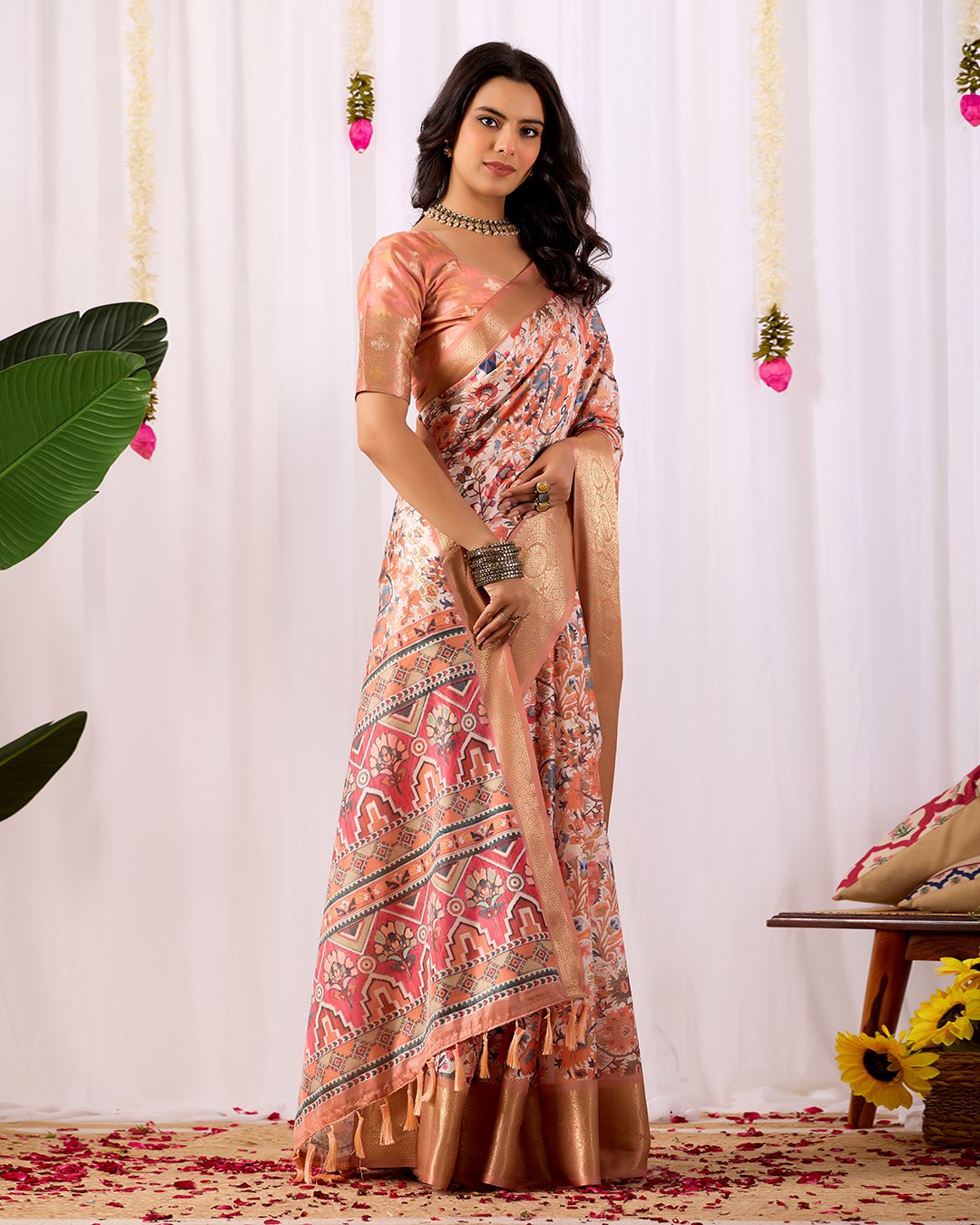 Premium Lichi Silk Saree: Soft Floral Print and Grand Zari Border