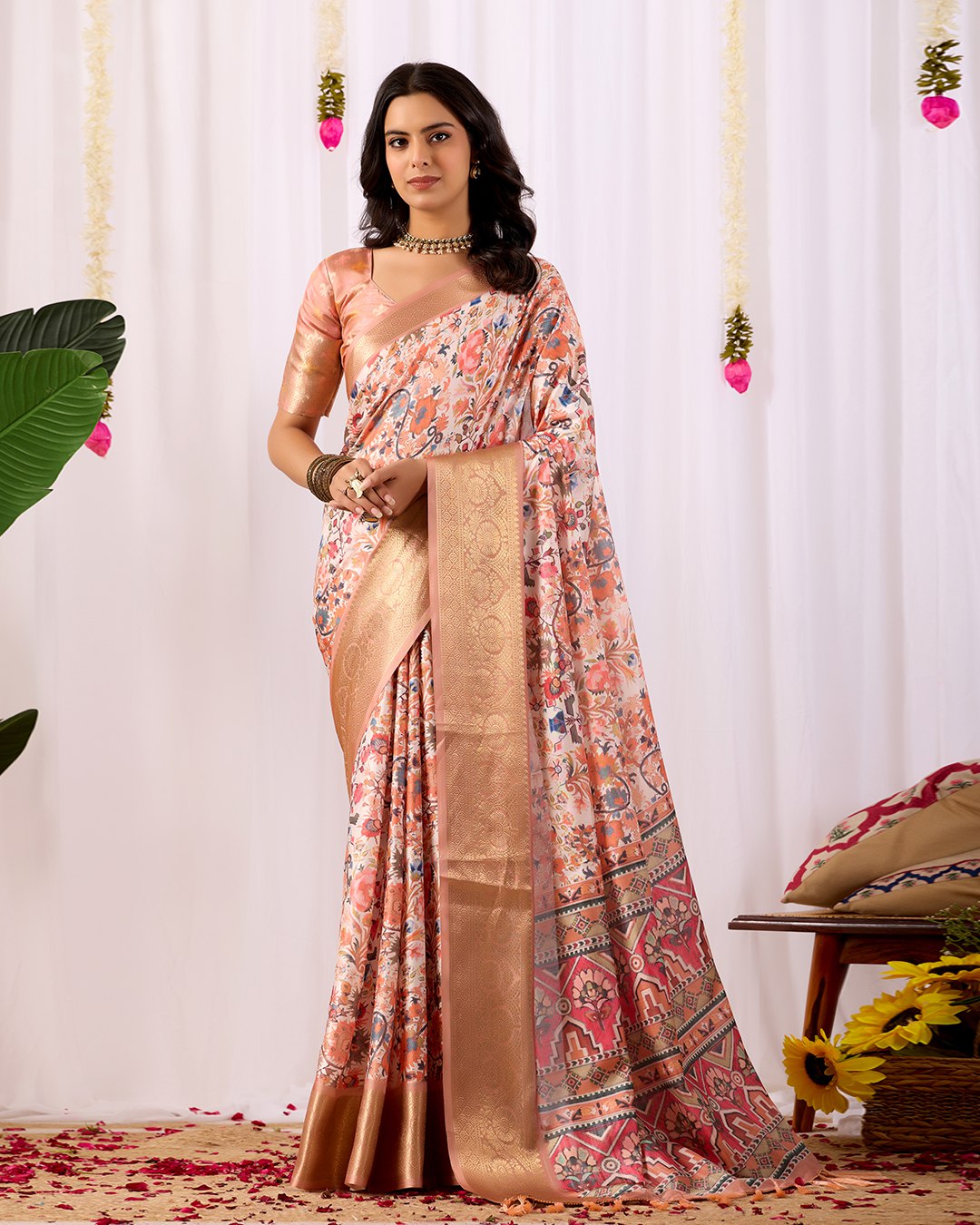 Premium Lichi Silk Saree: Soft Floral Print and Grand Zari Border
