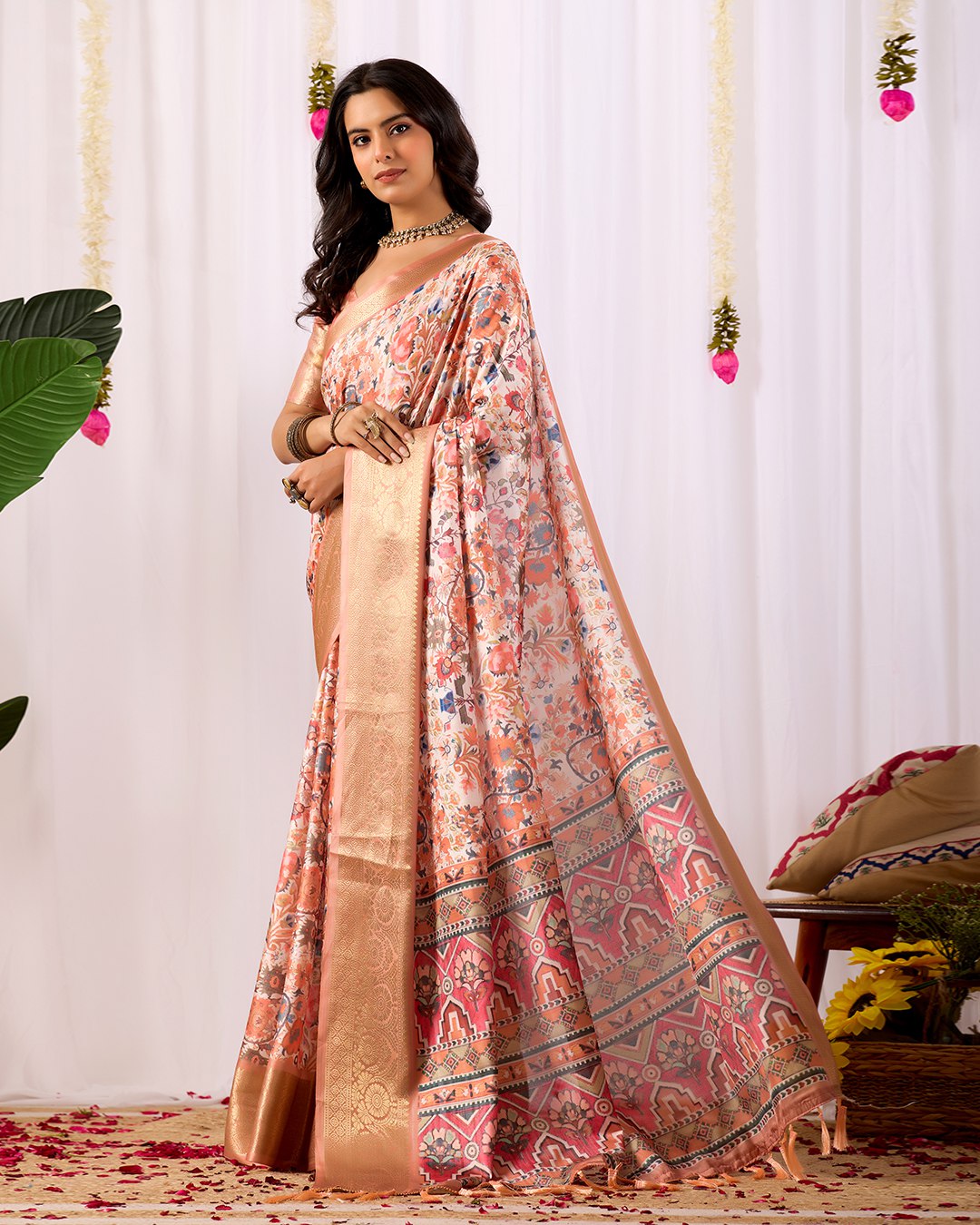Premium Lichi Silk Saree: Soft Floral Print and Grand Zari Border