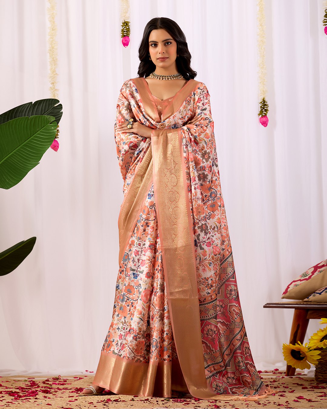 Premium Lichi Silk Saree: Soft Floral Print and Grand Zari Border