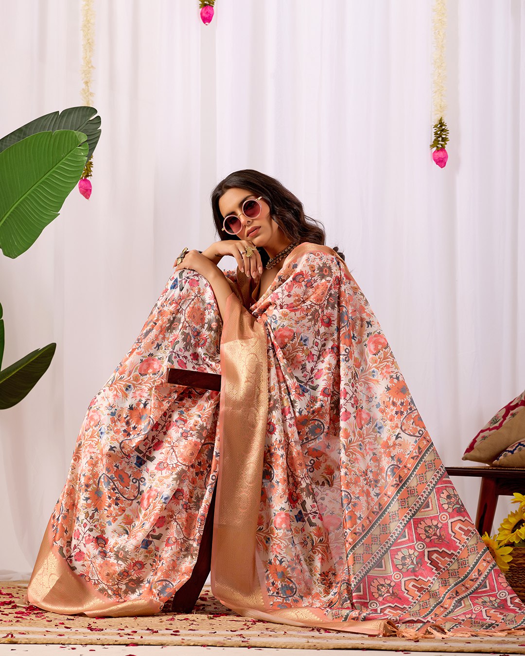 Premium Lichi Silk Saree: Soft Floral Print and Grand Zari Border
