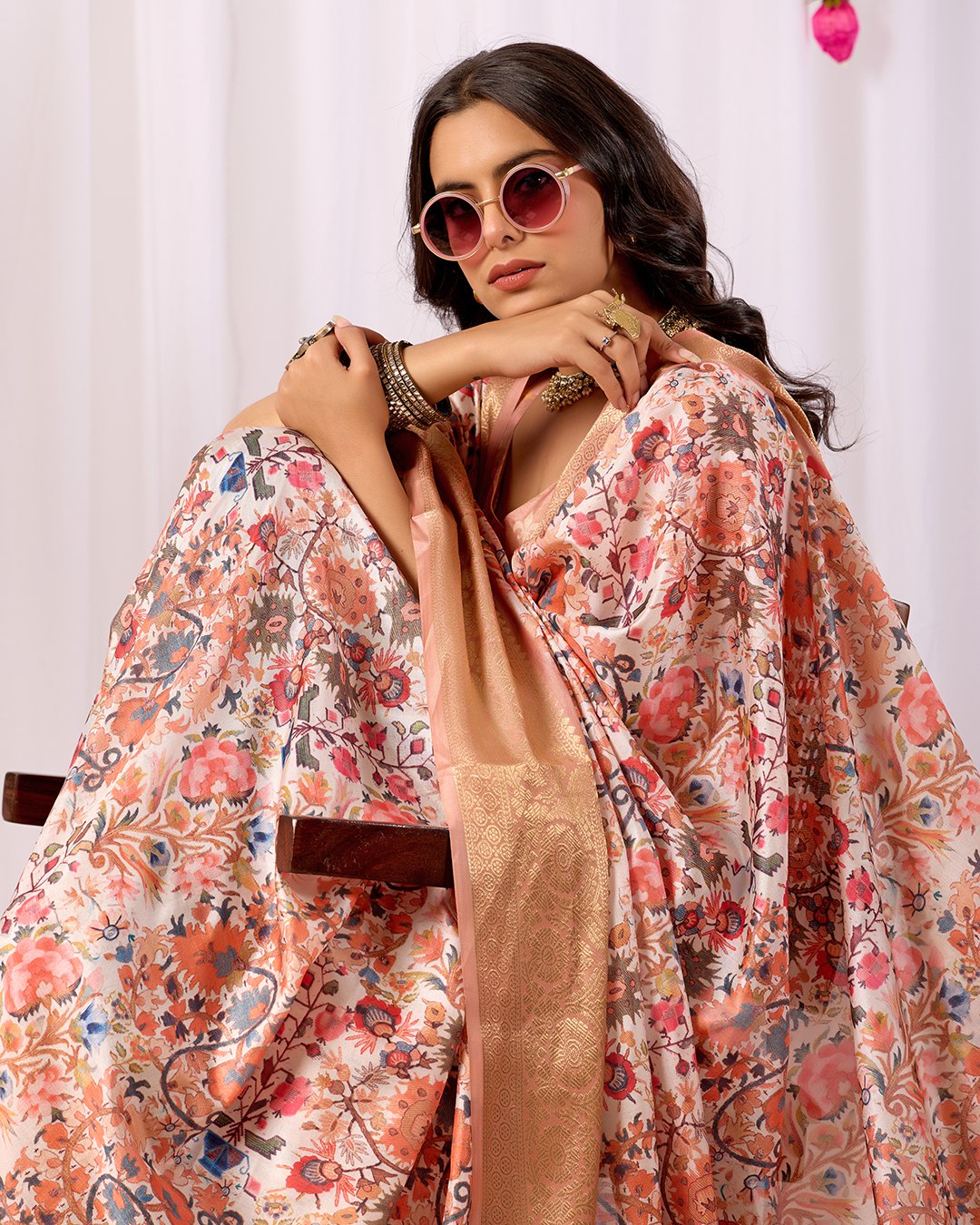 Premium Lichi Silk Saree: Soft Floral Print and Grand Zari Border