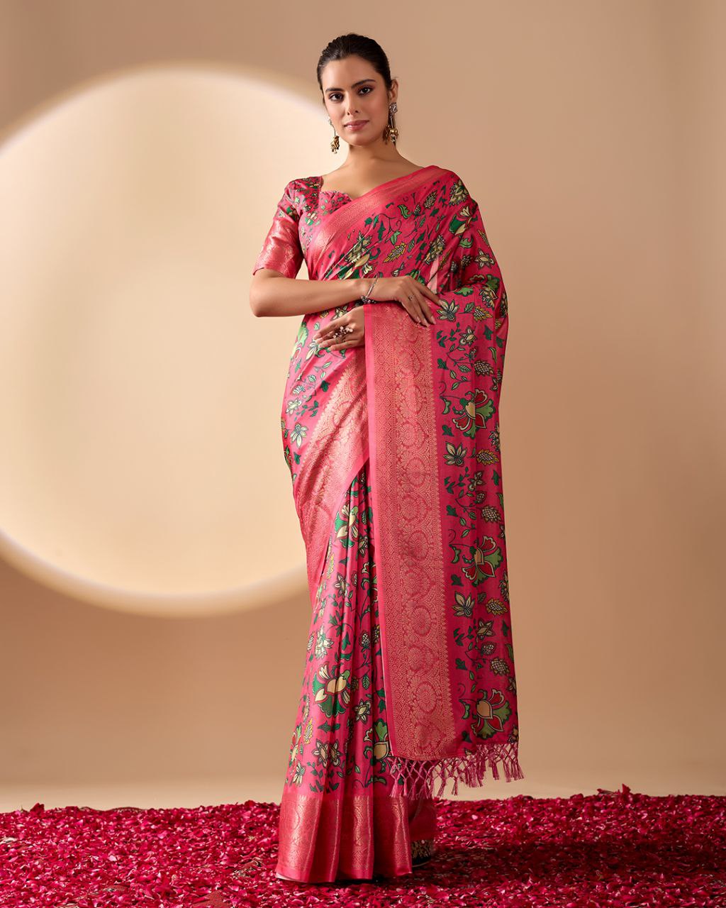 Vibrant Pink Soft Lichi Silk Saree with Floral Digital Prints and Zari Border