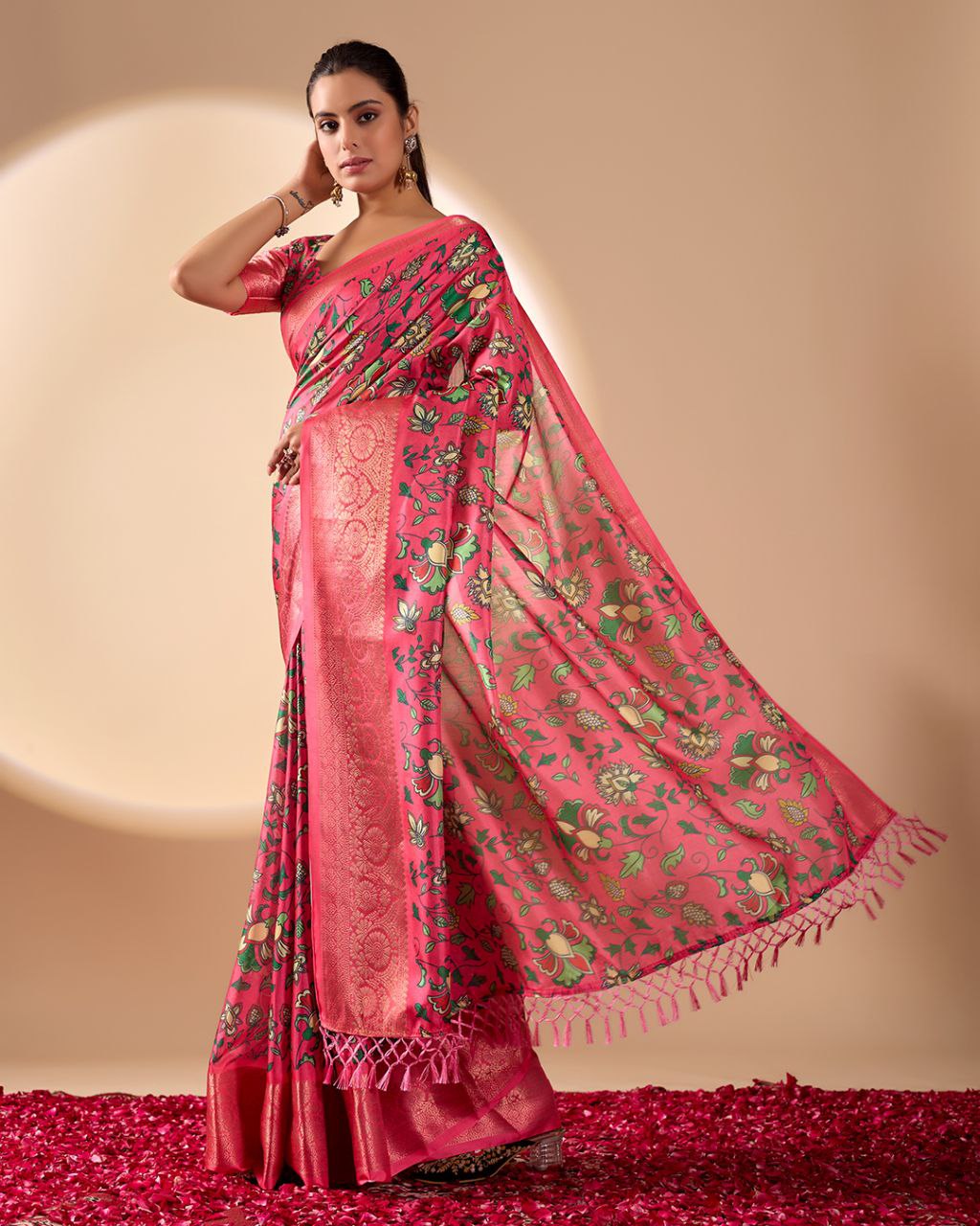 Vibrant Pink Soft Lichi Silk Saree with Floral Digital Prints and Zari Border