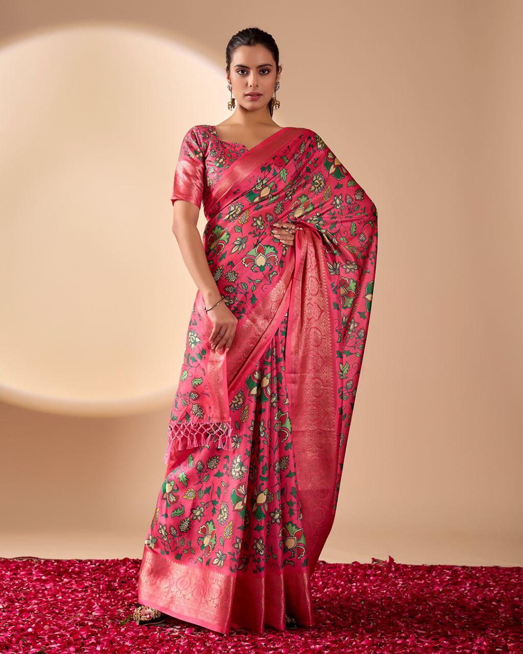 Vibrant Pink Soft Lichi Silk Saree with Floral Digital Prints and Zari Border