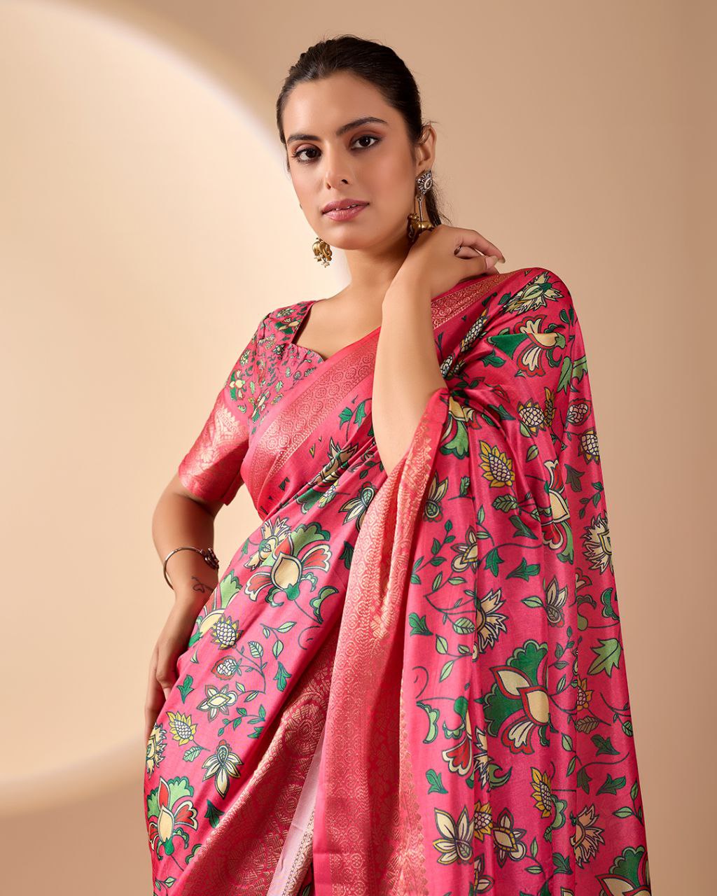 Vibrant Pink Soft Lichi Silk Saree with Floral Digital Prints and Zari Border