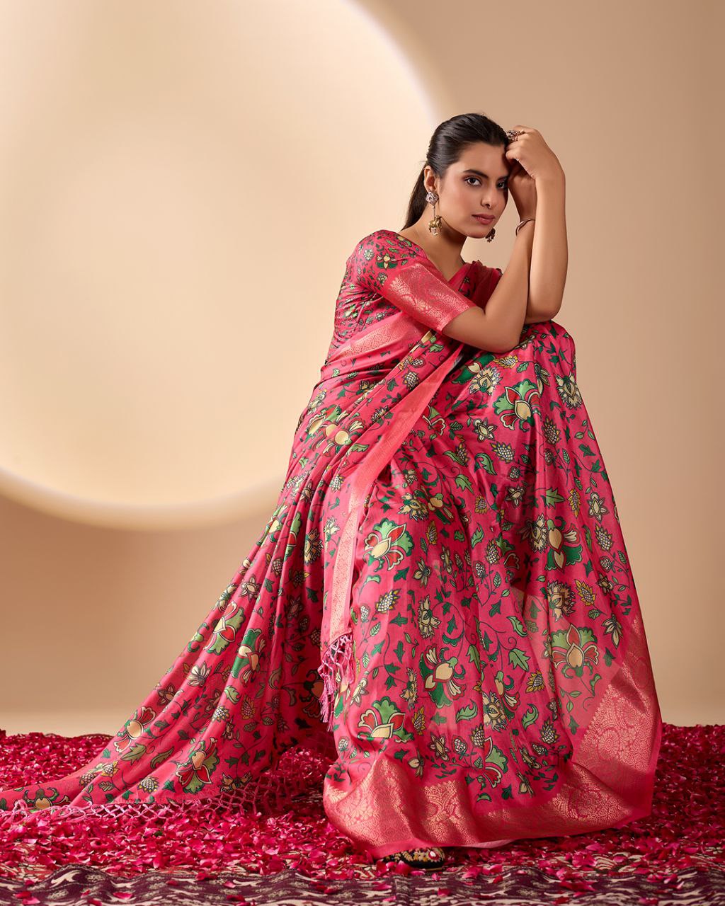 Vibrant Pink Soft Lichi Silk Saree with Floral Digital Prints and Zari Border