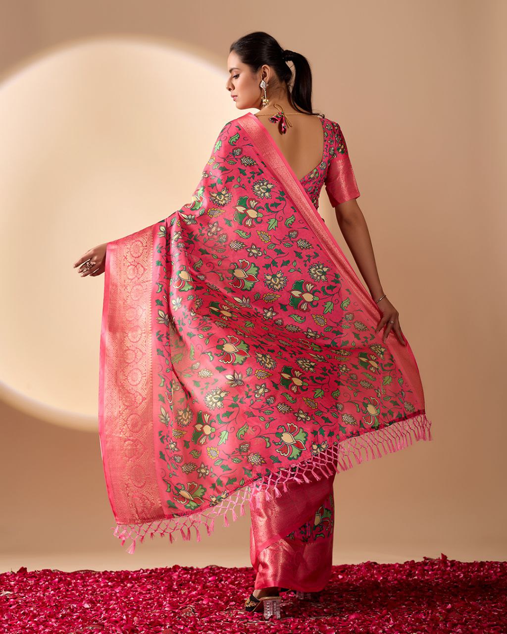 Vibrant Pink Soft Lichi Silk Saree with Floral Digital Prints and Zari Border