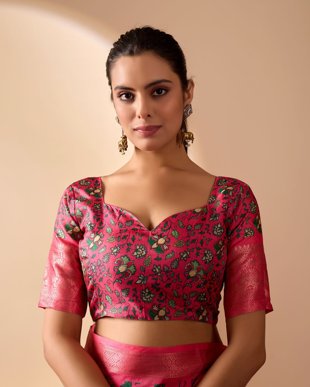 Vibrant Pink Soft Lichi Silk Saree with Floral Digital Prints and Zari Border