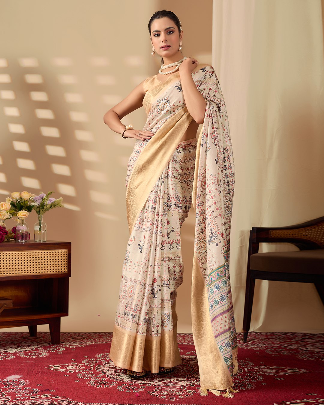 Regal Beige-Golden Lichi Silk Saree with Ethnic Digital Prints and Zari Border