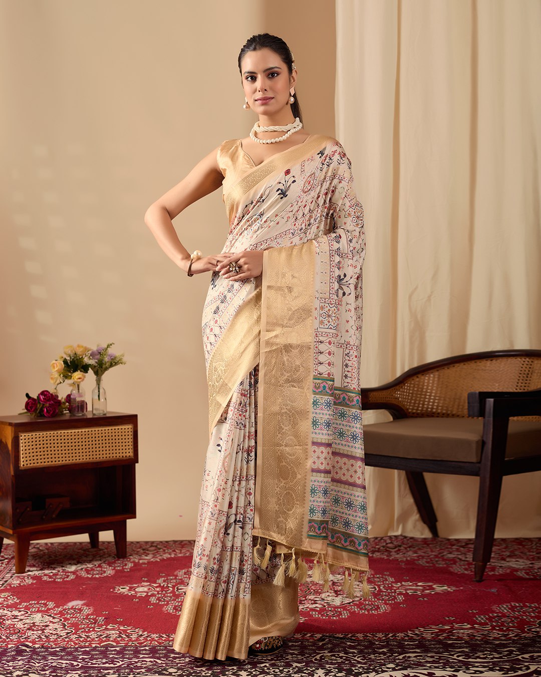 Regal Beige-Golden Lichi Silk Saree with Ethnic Digital Prints and Zari Border