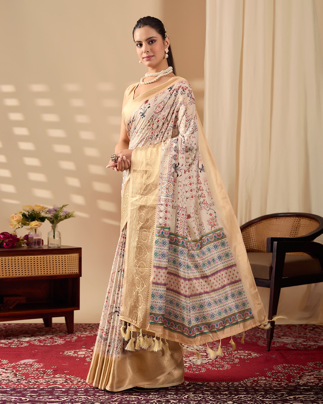Regal Beige-Golden Lichi Silk Saree with Ethnic Digital Prints and Zari Border