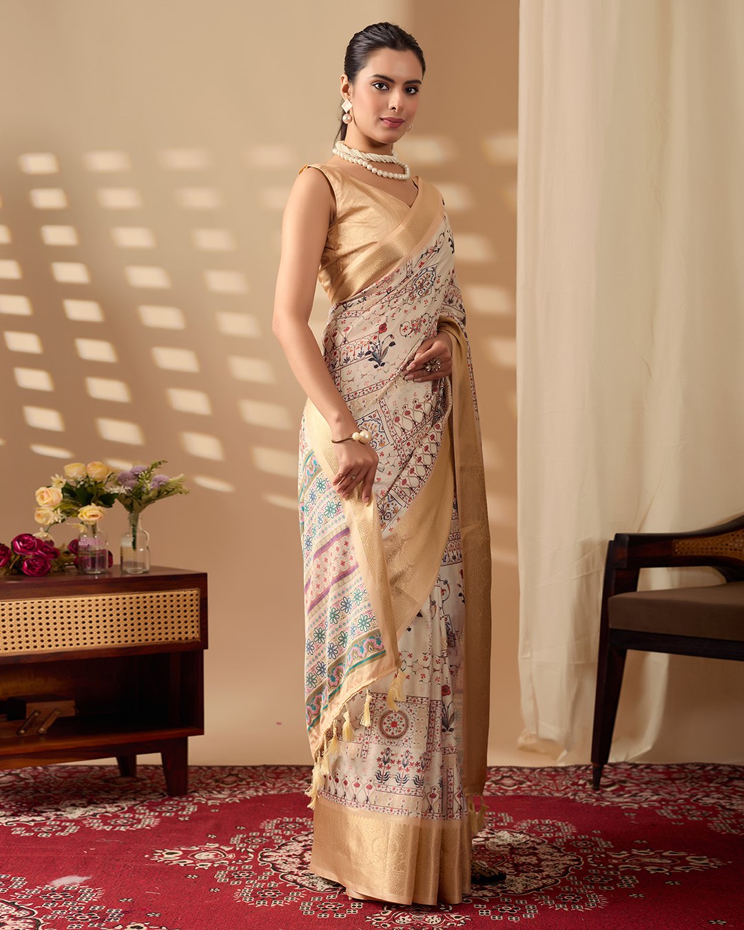Regal Beige-Golden Lichi Silk Saree with Ethnic Digital Prints and Zari Border