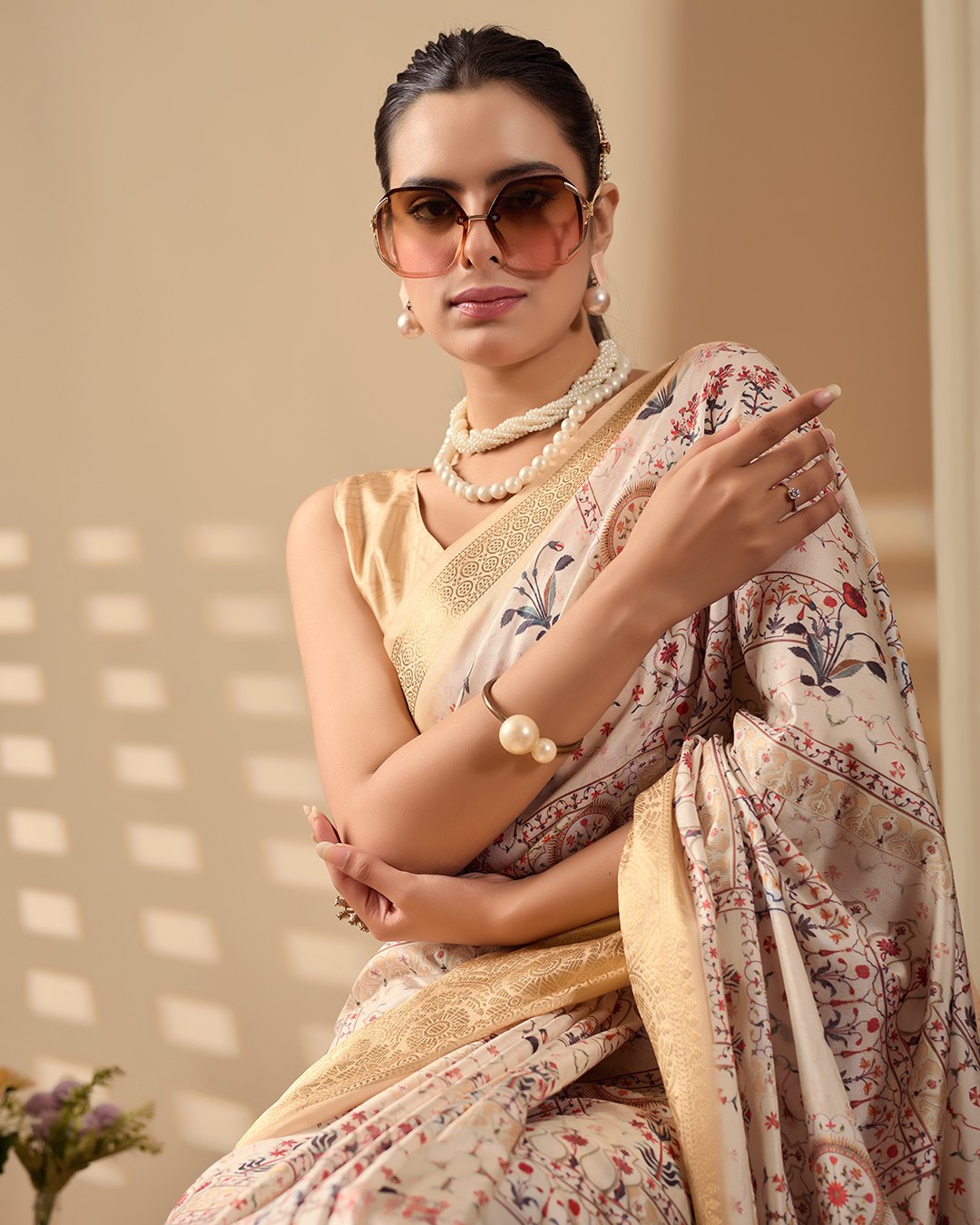 Regal Beige-Golden Lichi Silk Saree with Ethnic Digital Prints and Zari Border