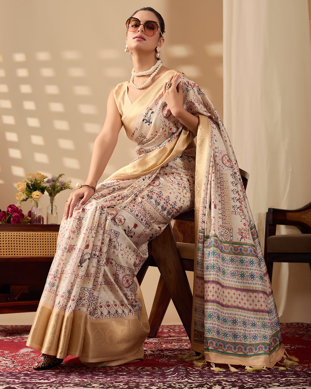 Regal Beige-Golden Lichi Silk Saree with Ethnic Digital Prints and Zari Border