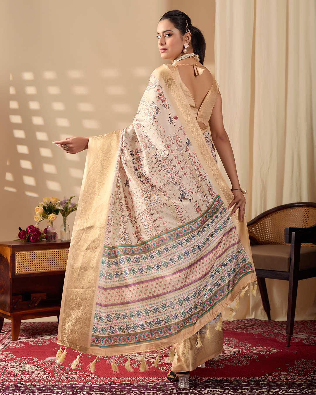 Regal Beige-Golden Lichi Silk Saree with Ethnic Digital Prints and Zari Border