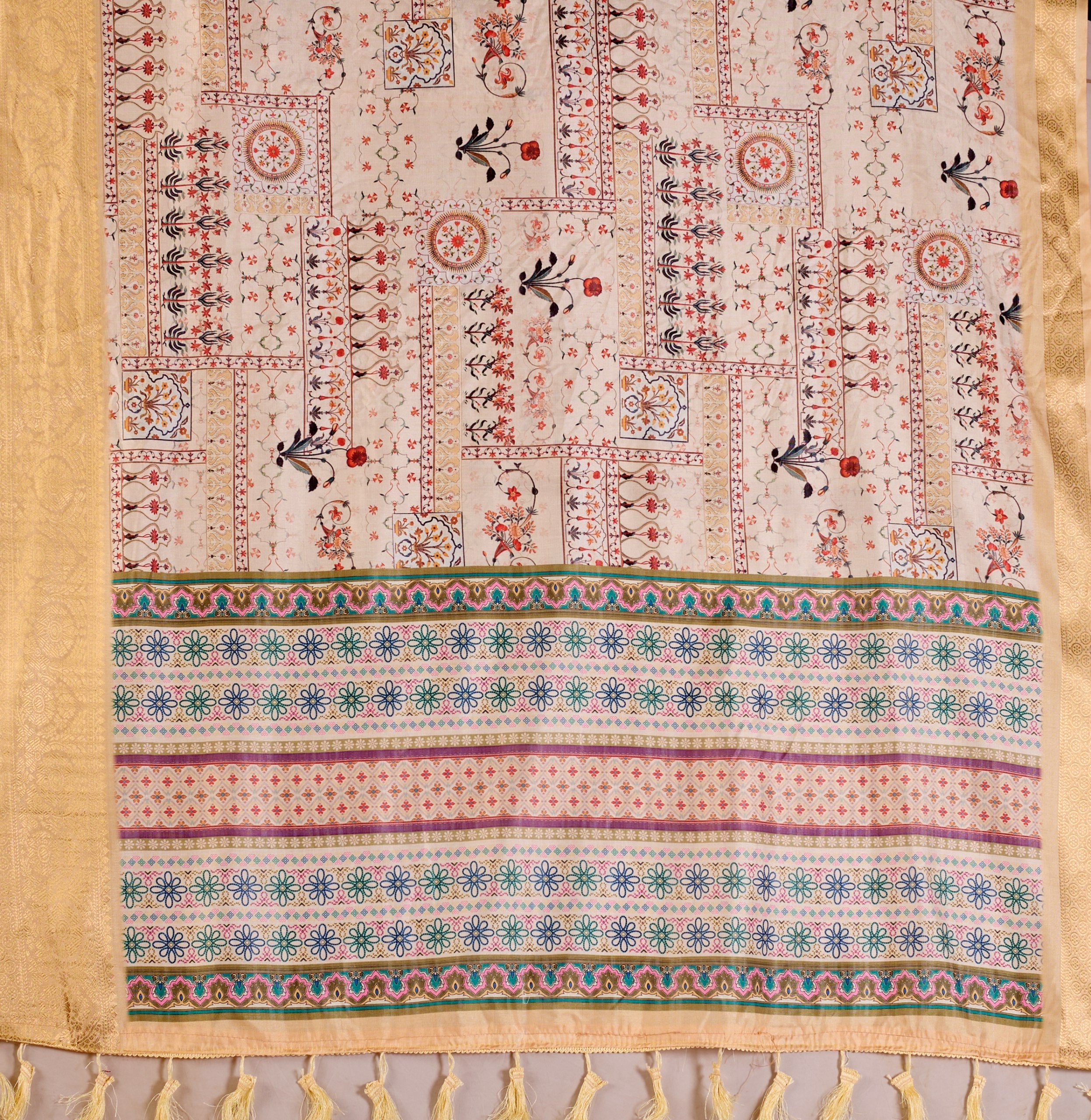 Regal Beige-Golden Lichi Silk Saree with Ethnic Digital Prints and Zari Border