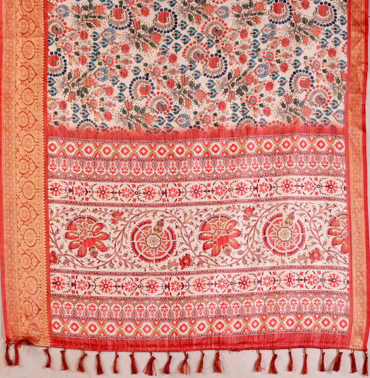 Luxurious Soft Lichi Silk Saree with Patola Print and Contrast Red Zari Border