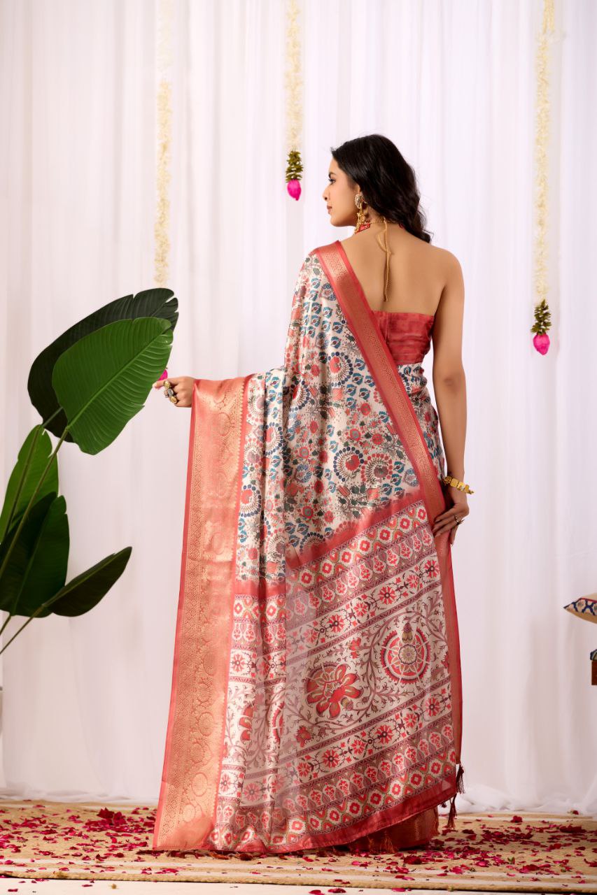 Luxurious Soft Lichi Silk Saree with Patola Print and Contrast Red Zari Border