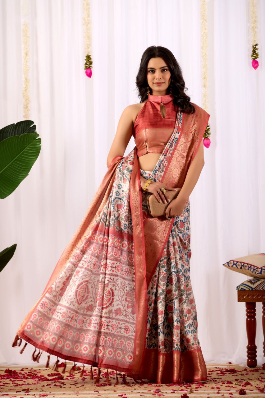 Luxurious Soft Lichi Silk Saree with Patola Print and Contrast Red Zari Border