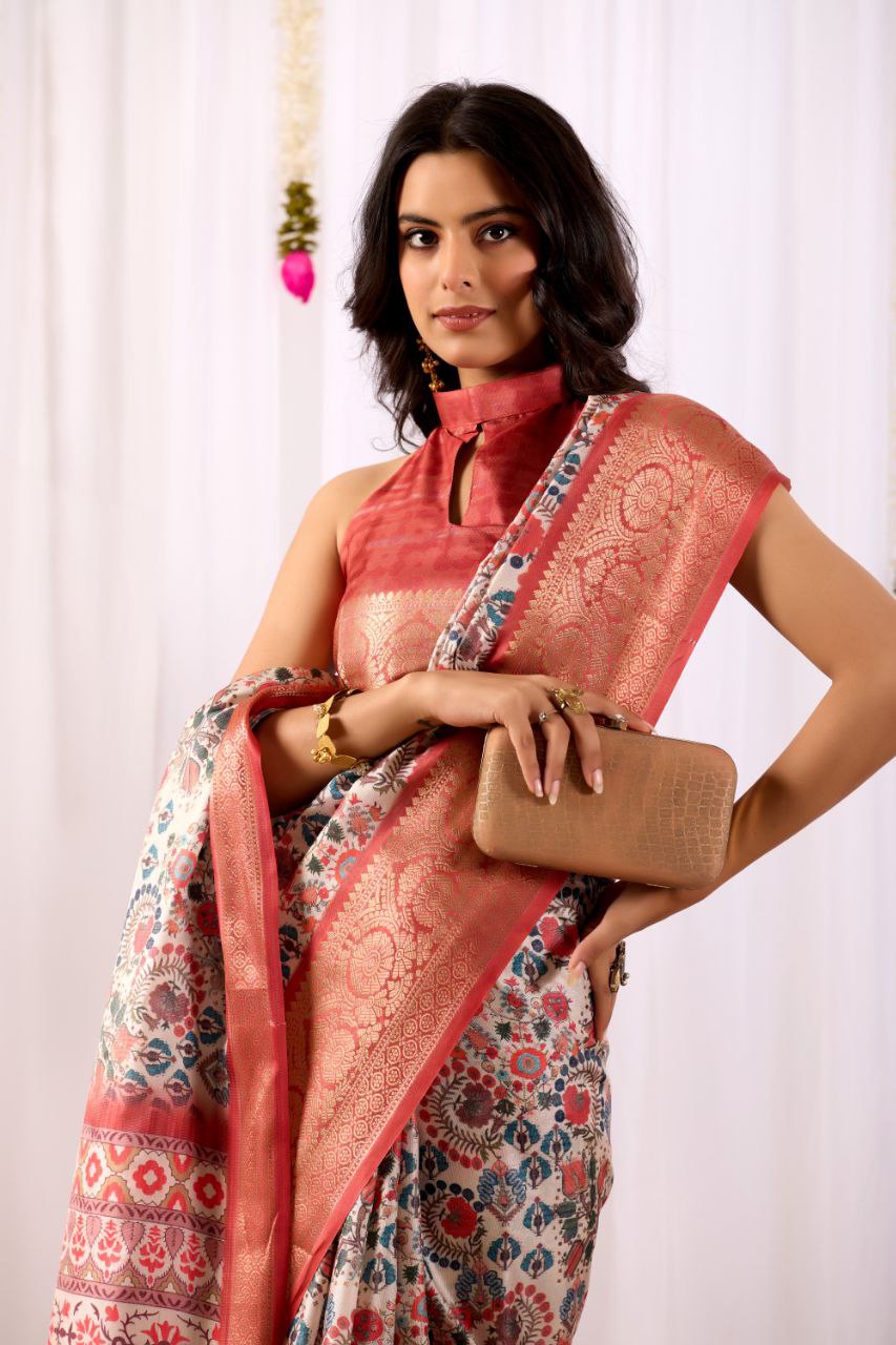 Luxurious Soft Lichi Silk Saree with Patola Print and Contrast Red Zari Border