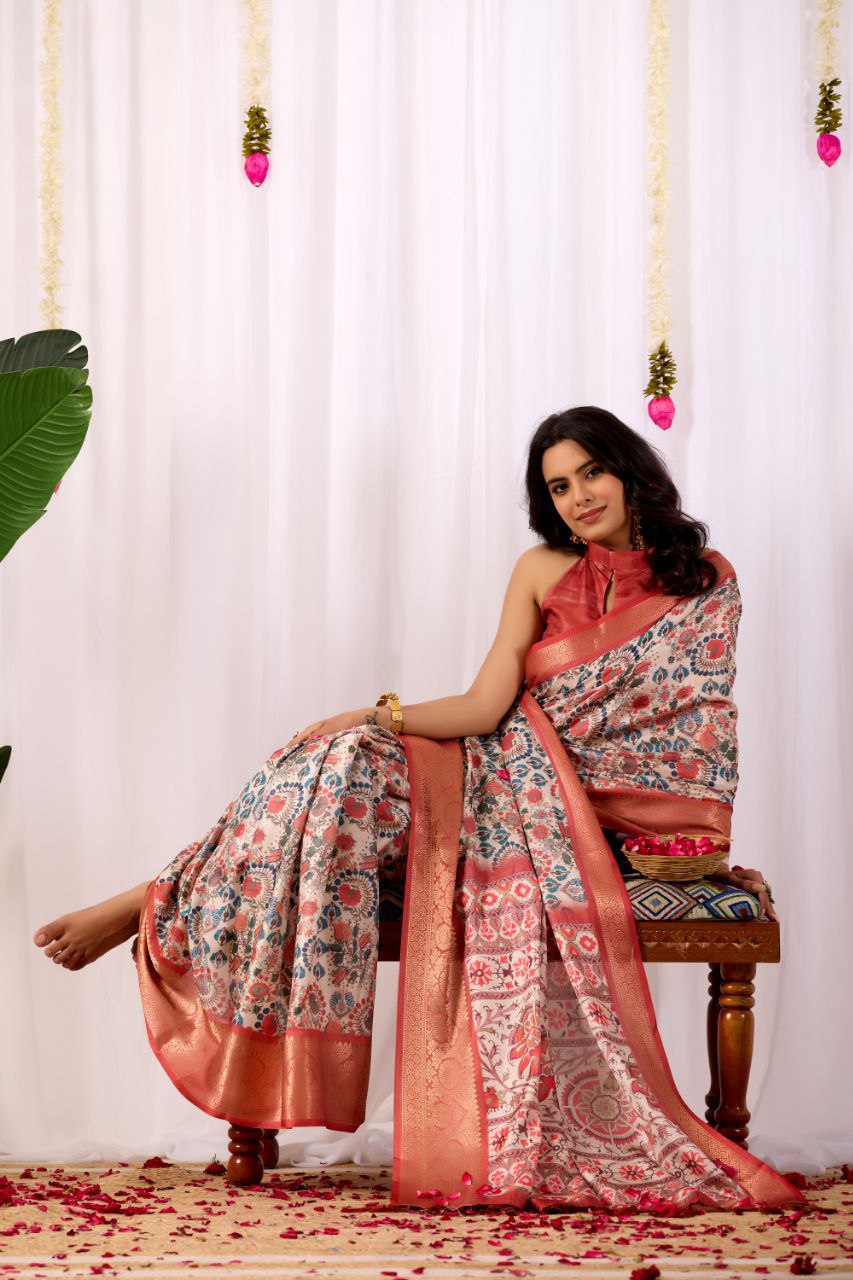 Luxurious Soft Lichi Silk Saree with Patola Print and Contrast Red Zari Border
