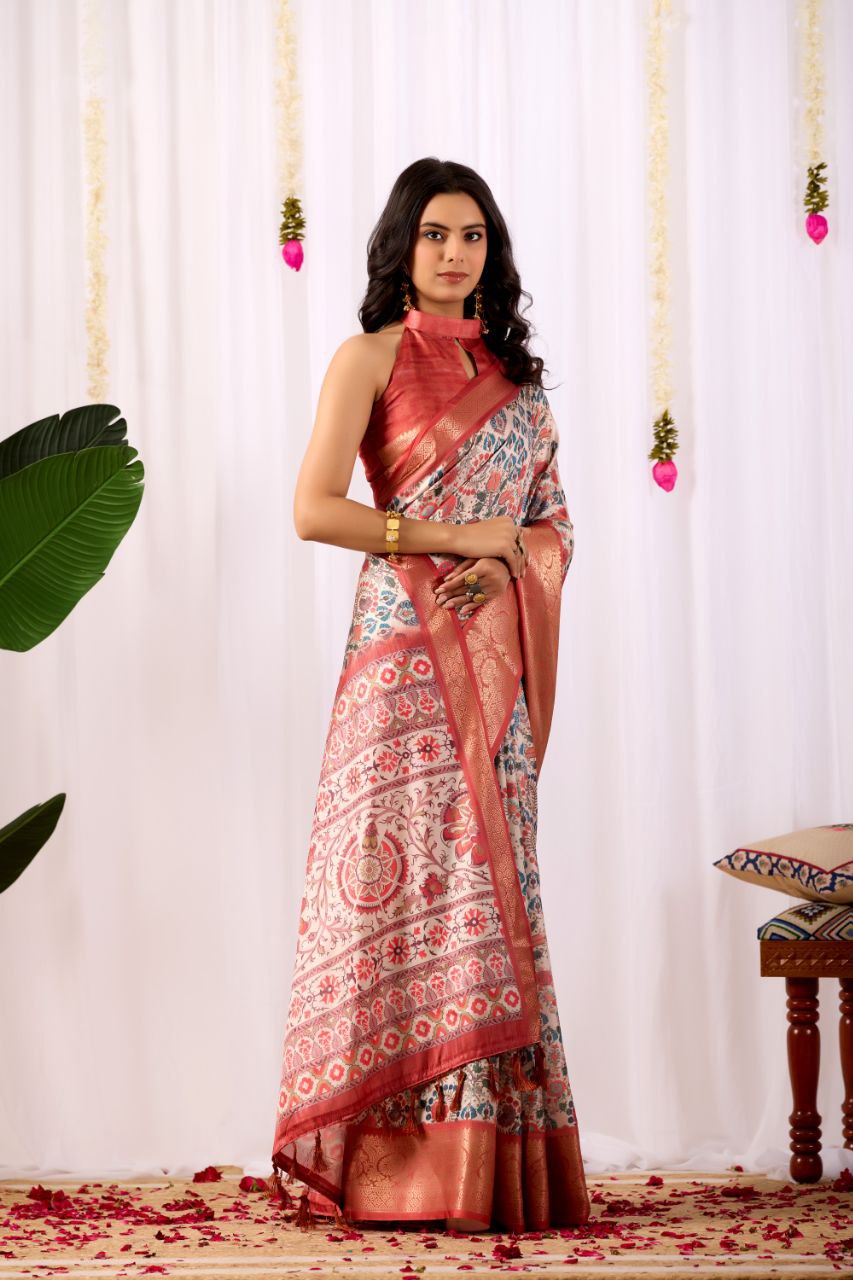 Luxurious Soft Lichi Silk Saree with Patola Print and Contrast Red Zari Border