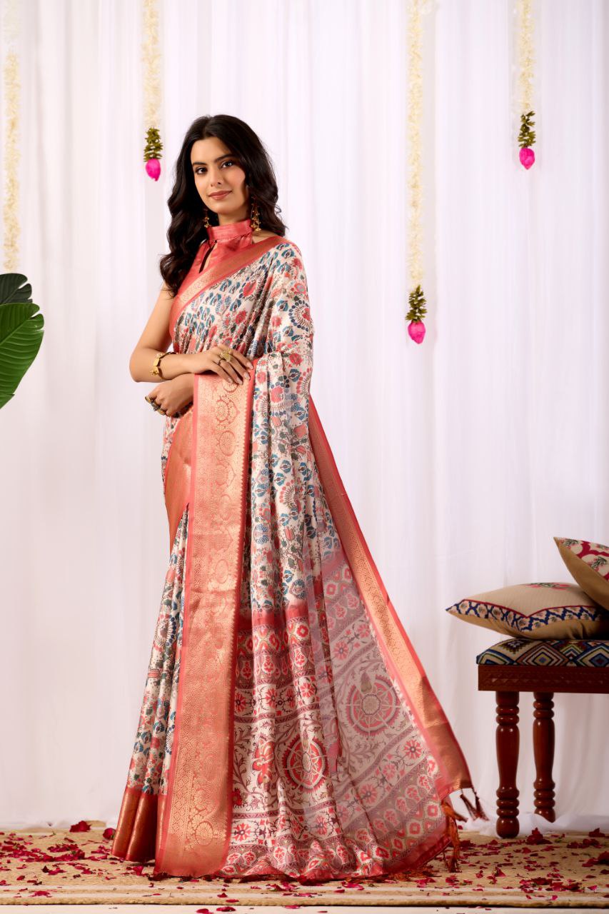 Luxurious Soft Lichi Silk Saree with Patola Print and Contrast Red Zari Border