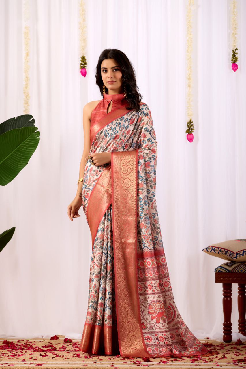 Luxurious Soft Lichi Silk Saree with Patola Print and Contrast Red Zari Border