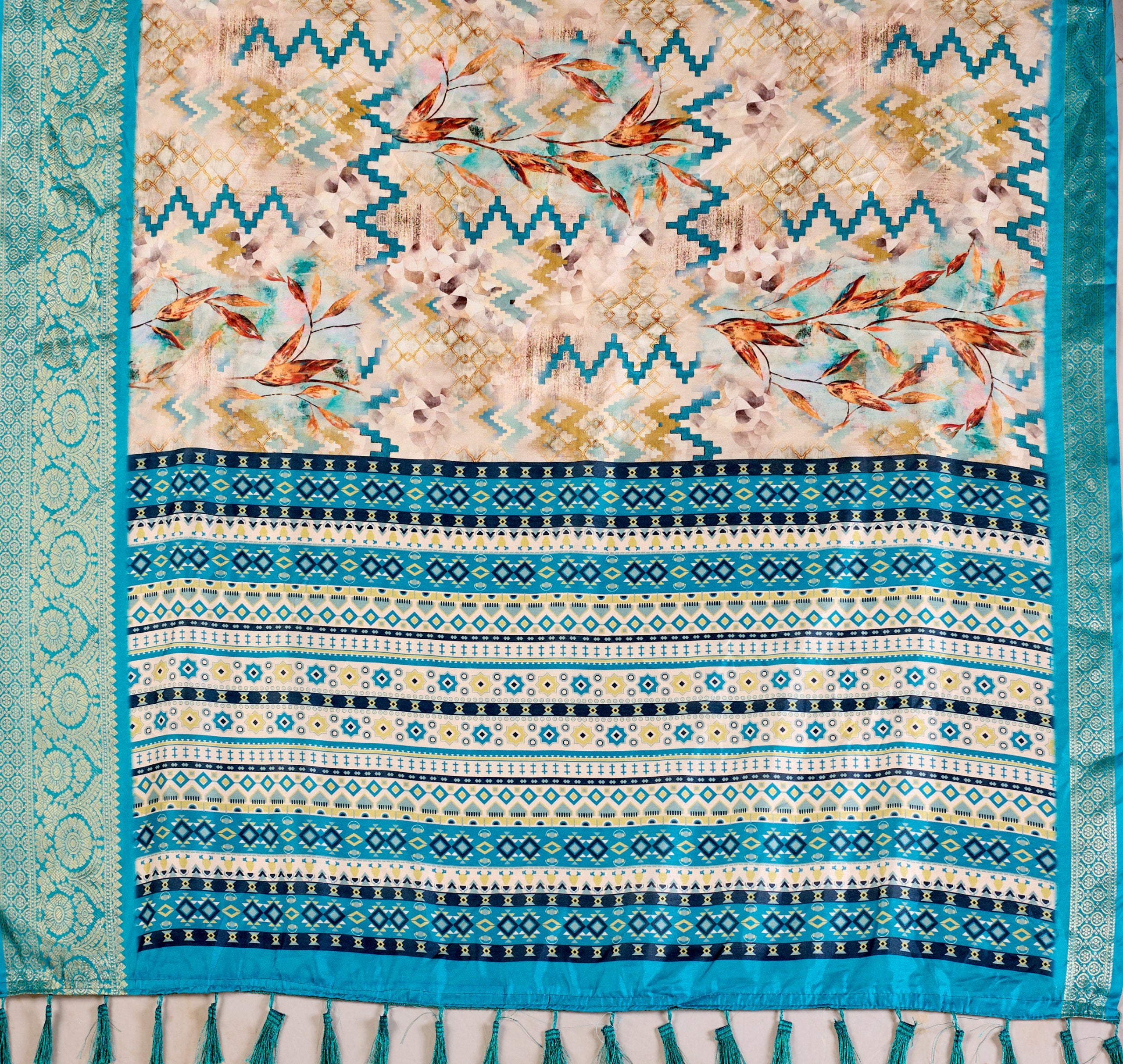 Elegant Aqua & Beige Lichi Silk Saree with Modern Print and Rich Zari Border