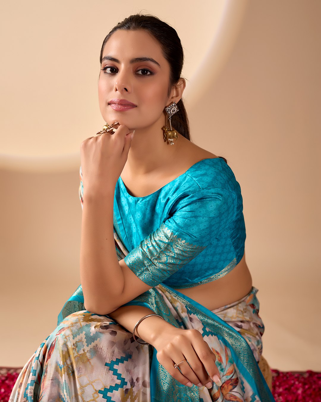 Elegant Aqua & Beige Lichi Silk Saree with Modern Print and Rich Zari Border