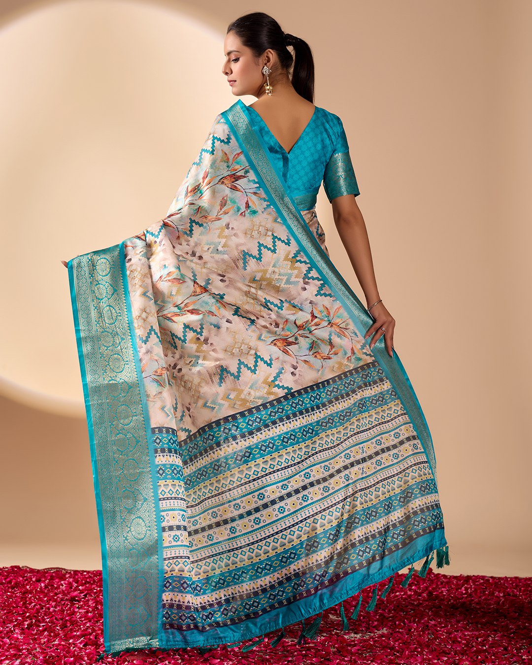 Elegant Aqua & Beige Lichi Silk Saree with Modern Print and Rich Zari Border