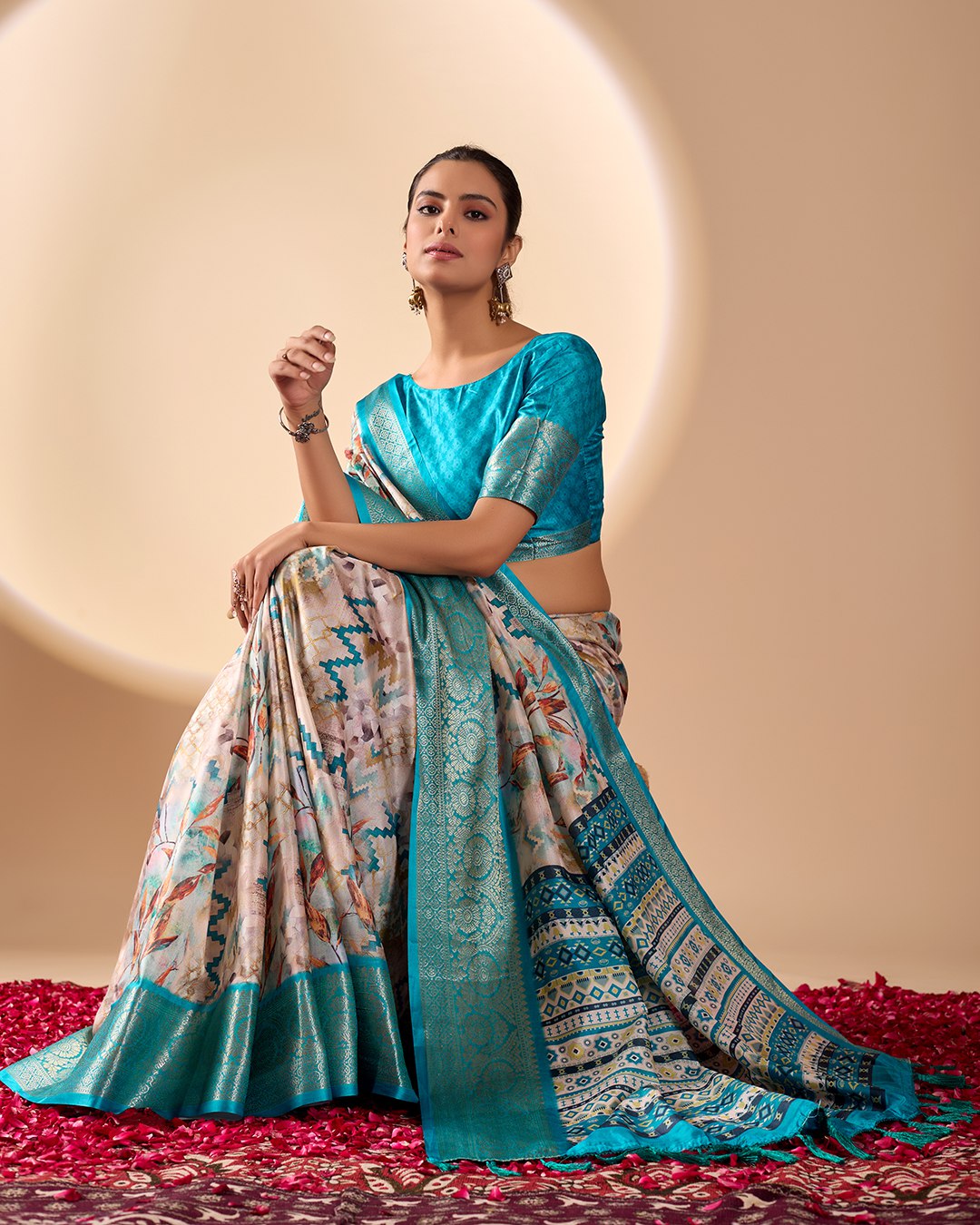 Elegant Aqua & Beige Lichi Silk Saree with Modern Print and Rich Zari Border