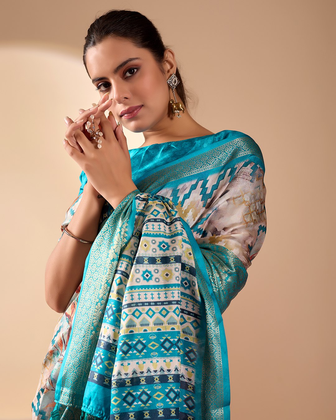 Elegant Aqua & Beige Lichi Silk Saree with Modern Print and Rich Zari Border