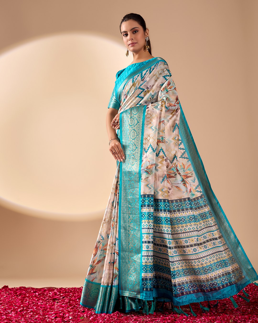 Elegant Aqua & Beige Lichi Silk Saree with Modern Print and Rich Zari Border